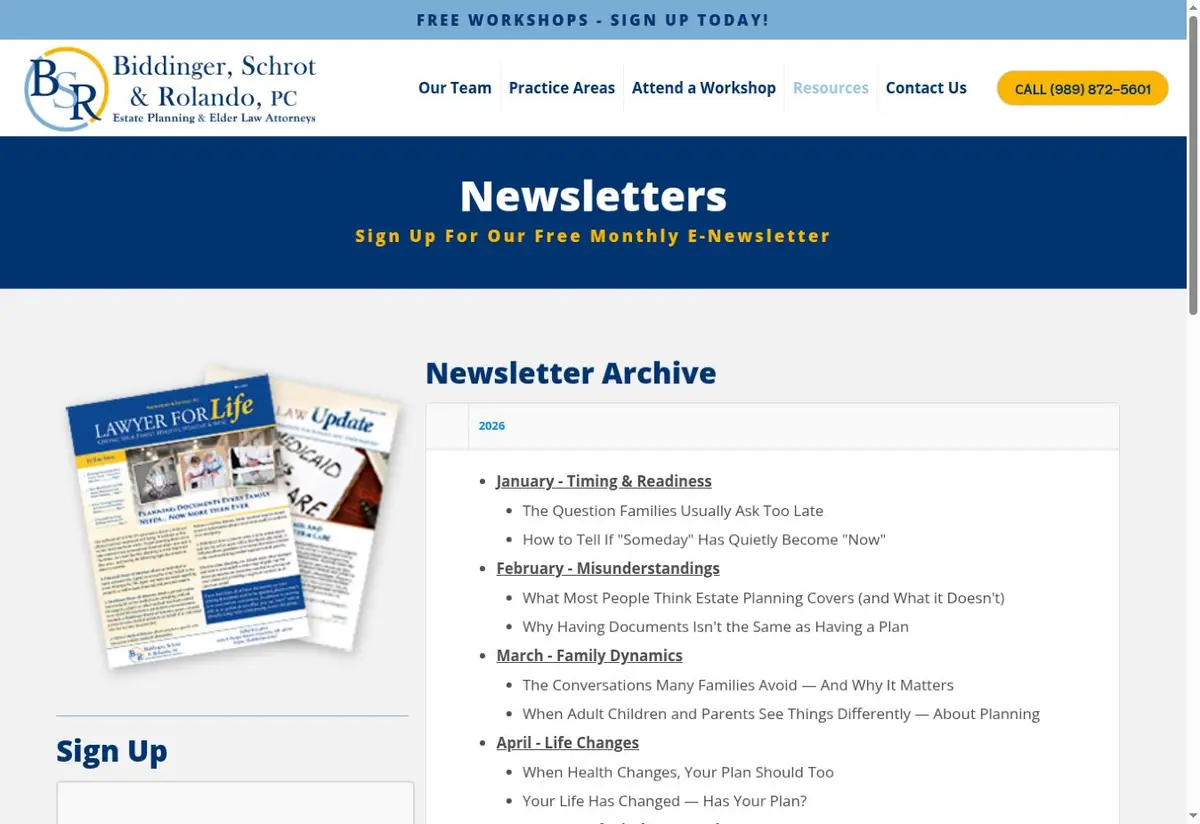 Public newsletter archive preview from Biddinger, Schrot & Rolando, PC