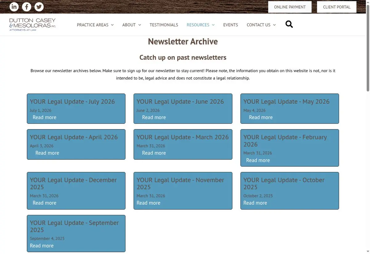 Public newsletter archive preview from Dutton Casey & Mesoloras, PC