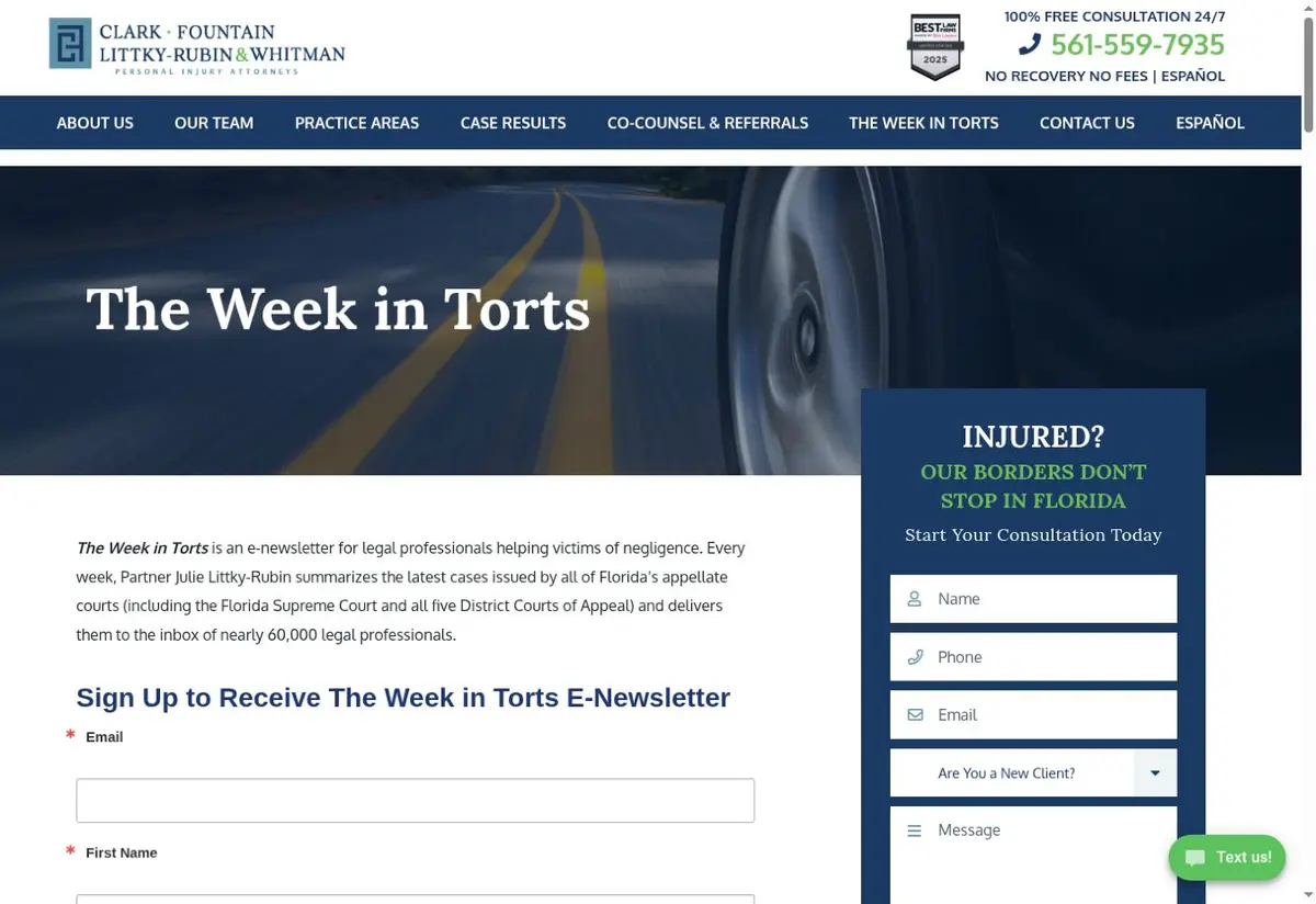 Public newsletter archive preview from Clark, Fountain, Littky-Rubin & Whitman, The Week in Torts